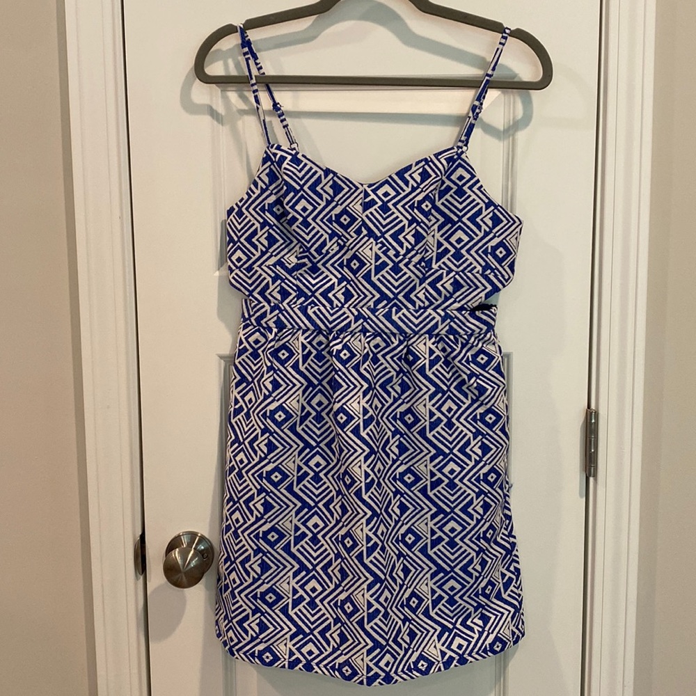 American Eagle Fit and Flare Dress Geometric Pattern Blue